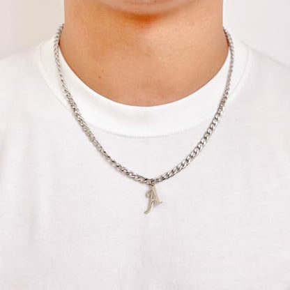 Stainless Steel Initial A-Z Necklace for Men Women,Cuban Chain,Titanium Steel Initial Letter Pendant Charm Necklaces Accessories Jewelry for Woman Man,21 Inch Chain - color: A