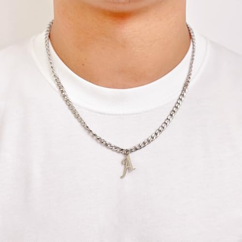 Stainless Steel Initial A-Z Necklace for Men Women,Cuban Chain,Titanium Steel Initial Letter Pendant Charm Necklaces Accessories Jewelry for Woman Man,21 Inch Chain - color: A