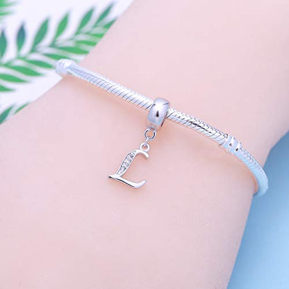 925 Sterling Silver Charms Alphabet Beads fit Pandora Charm Bracelets A-Z Letter Initial Spacer Dangle Clear CZ Stone Authentic for Snake Chain Bracelets - color: L