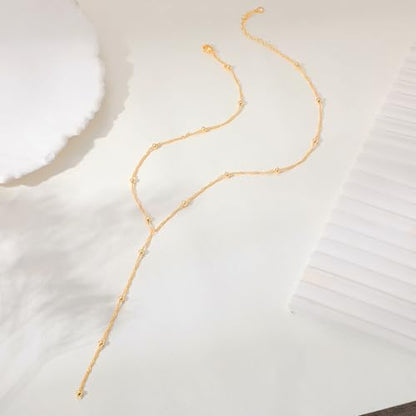 CAROVO Gold Necklace for Women Dainty Long Necklace 14K Gold/Silver Lariat Y-Shaped Pendant Necklaces Trendy Layered Lip Cubic Zirconia Beaded Chain Drop Necklaces Jewelry for Women Gifts - color: Gold, style: A: Gold Y Necklace Bead-258