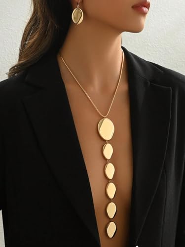 Statement Necklace and Earrings Set – 2PCS Gold Silver Chunky Geometric Pendant Jewelry with Snake Chain, Asymmetrical Ellipse Y-Necklace Metallic Fashion Jewelry for Women - color: A:Gold