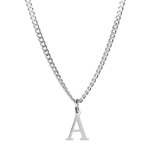 Men’s Minimal Initial Necklace, Stainless Steel Gold Silver Tone 26 Letters Pendant Necklace for Men Women 3.5mm Cuban Chain Waterproof - style: A.