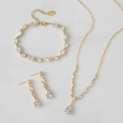 SWEETV Bridal Wedding Jewelry Set for Brides,Teardrop Bridesmaids Jewelry Set - color: S01 Gold