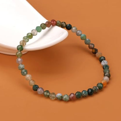 Natural Faceted Crystal Bracelet for Women,4mm Gemstone Round Beads Bracelets Adjustable Stretchy Healing Crystal Beads Bracelets Dainty Jewelry Gift - color: Indian Agate