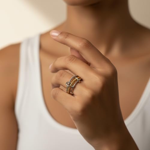 Stackable Rings for Women Non Tarnish Gold Silver Mixed Metal Wedding Band Set Gold Plated Stainless Steel with Cubic Zirconia Dainty Statement Thumb Ring Gift for Christmas Birthday Anniversary Jewelry - style: Silver Triple Band Ring