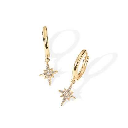 PAVOI 14K Gold Plated S925 Sterling Silver Post Lightweight Drop Dangle Huggie Hoop Earrings for Women | Star, Lock, Pearl, Cross, Lightening, Coin | Dainty Earrings - style: North Star