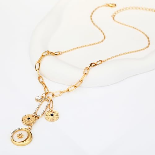 Charm Necklace for Women Gold Evil Eye Sun Moon Flower Coin Pendant Necklace Dainty Paperclip Chain Vintage Luck Amulet Choker Necklaces Celestial Jewelry Gift - style: Shell Coin, Moon