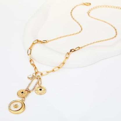 Charm Necklace for Women Gold Evil Eye Sun Moon Flower Coin Pendant Necklace Dainty Paperclip Chain Vintage Luck Amulet Choker Necklaces Celestial Jewelry Gift - style: Shell Coin, Moon