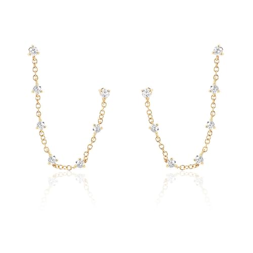 Zircons Stud Earrings For Women Double Studs Chain Tassel Piercing Earring 18K Gold Plated Cartilage Cubic Zirconia Two Hole Wedding Climber Crawler Wrap Earrings Threader Dangle Eternity Gift Mom Bff - color: Gold