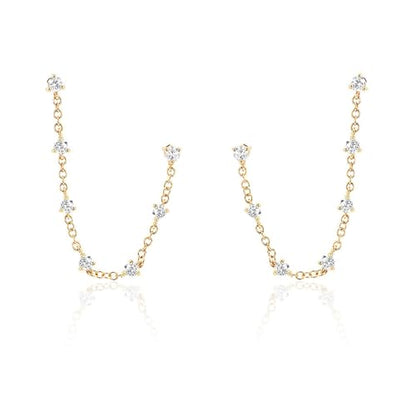 Zircons Stud Earrings For Women Double Studs Chain Tassel Piercing Earring 18K Gold Plated Cartilage Cubic Zirconia Two Hole Wedding Climber Crawler Wrap Earrings Threader Dangle Eternity Gift Mom Bff - color: Gold