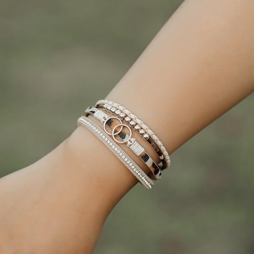 Chunky Boho Leather Wrap Bracelets Cowgirl Beaded Circle Western Jewelry | Stackable Infinity Layered Bohemian Magnetic Clasp Cuff Statement Fashion Colorful Country Hippie Outfits for Women Trendy - color: Leopard