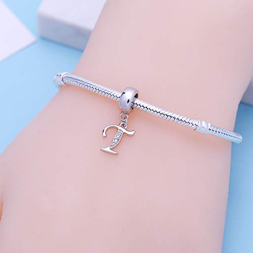925 Sterling Silver Charms Alphabet Beads fit Pandora Charm Bracelets A-Z Letter Initial Spacer Dangle Clear CZ Stone Authentic for Snake Chain Bracelets - color: T