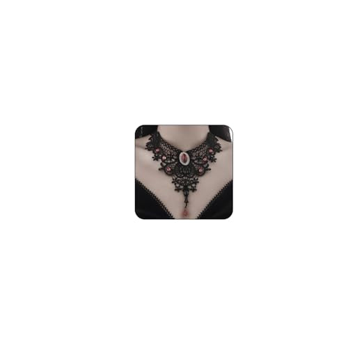 Gothic Black Lace Choker Necklace,Vintage Black Fringe Necklace Punk Style Red/Black Gem Pendant Necklace Retro Goth Lolita Choker Halloween Jewelry Witch Vampire Costume Accessories for Women - color: R