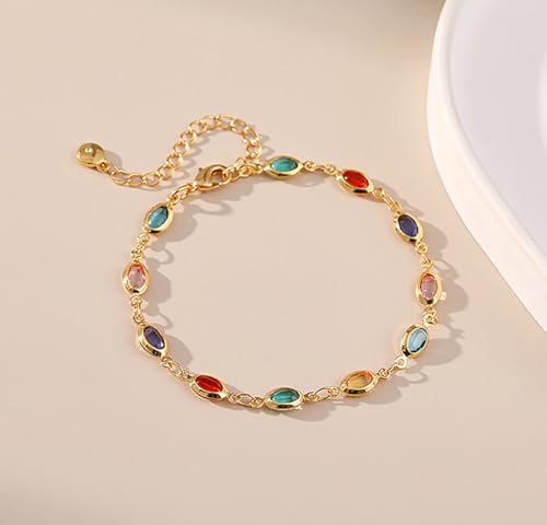 18K Gold Plated Anklet for Women Multicolor Crystal Ankle Bracelets Boho Adjustable Chain Anklets - color: Oval