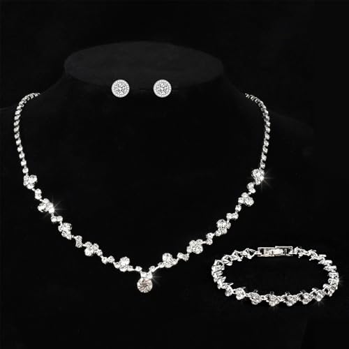 Silver Tennis Necklace and Bracelet Set for Women Wedding Jewelry Sets for Brides Earrings Prom Bridesmaid Jewelry - color: Silver03