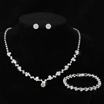 Silver Tennis Necklace and Bracelet Set for Women Wedding Jewelry Sets for Brides Earrings Prom Bridesmaid Jewelry - color: Silver03