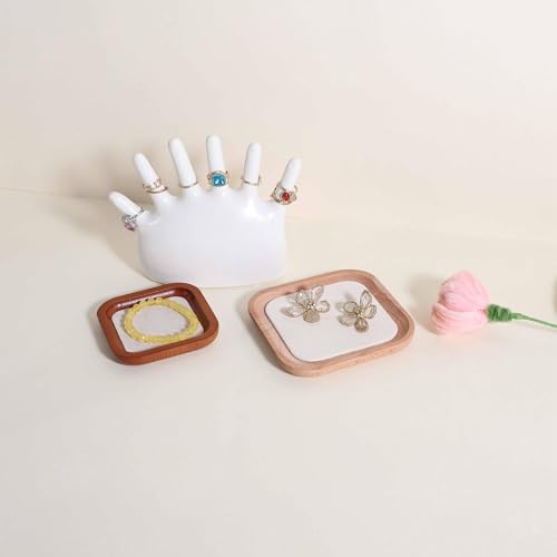 velvet Jewelry organizer tray, Beech wood Jewelry Display Plate, Beige Jewelry Viewing Tray, Jewelry showcase tray for Necklace Bracelet Ring Earring stand holder (Cream-Small, 5.1x 5.1 in) - size: Small