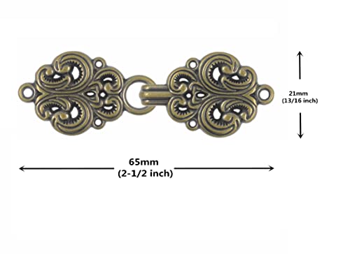 bezelry 6 Pairs Rococo Swirl Flower Cape or Cloak Clasp Fasteners. Sew On Hooks and Eyes Cardigan Clip. 65mm Fastened. - color: Antique Brass