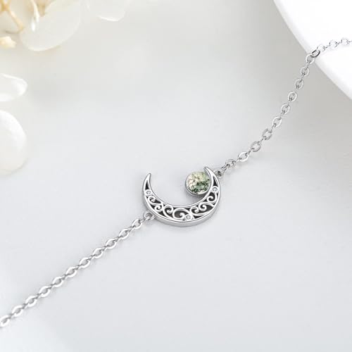 Moon Bracelet for Women 925 Sterling Silver Moonstone/Birthstone Moon Bracelet Butterfly/Dragonfly Bracelet Celtic Moon Butterfly Dragonfly Jewelry Gifts for Women - style: Moss Agate-Silver
