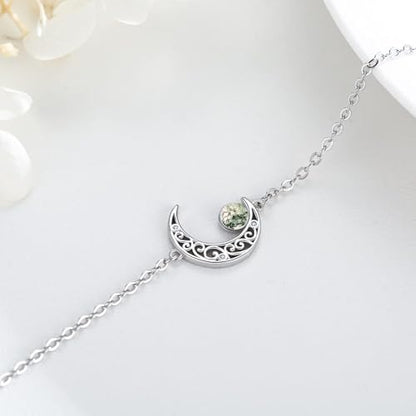 Moon Bracelet for Women 925 Sterling Silver Moonstone/Birthstone Moon Bracelet Butterfly/Dragonfly Bracelet Celtic Moon Butterfly Dragonfly Jewelry Gifts for Women - style: Moss Agate-Silver