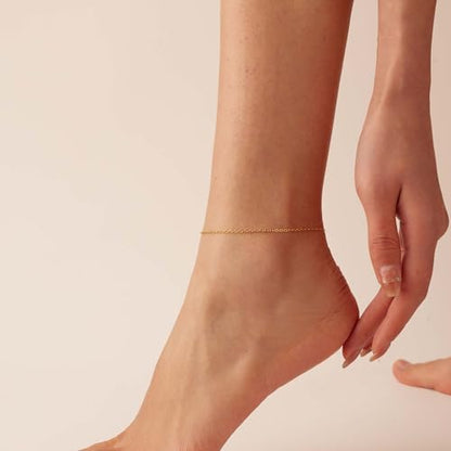 Dainty Ankle Bracelets for Women 18K Gold Plated Waterproof | Satellite Beaded Herringbone Lip Chain Anklets Simple Minimalist Summer Beach Foot Jewelry, Gift Box Included - color: O Chain-Gold