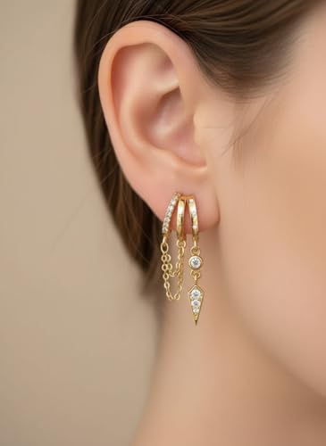 FAN&LOUIS Gold Clip On Earrings for Women, 24K Gold Plated Trendy Triple Huggie Hypoallergenic Non Pierced Earrings Dainty Dangle Chains Drop Painless Lightweight Clip-On Earrings