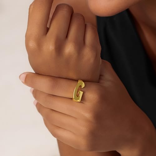 Cicy Bell Initial Rings for Women 18k Gold Plated Adjustable Rings | Open Signet Rings, Bold Letter, Personalized Engraved, For Party - color: Initial-G