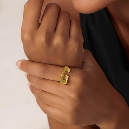 Cicy Bell Initial Rings for Women 18k Gold Plated Adjustable Rings | Open Signet Rings, Bold Letter, Personalized Engraved, For Party - color: Initial-G