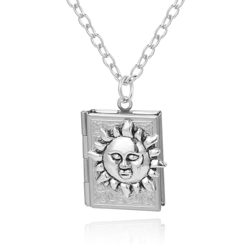 Photo Book Locket Necklace for Women Charm Choker Pendants that Holds Pictures Memorial Jewelry - color: Sun Pattern