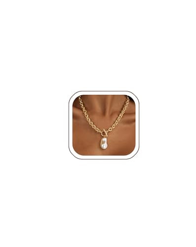 IMBOS 14K Gold Plated Chunky Chain Choker Necklaces for Women Chunky Gold Necklace Tennis Necklace for Women CZ Love Chain Cuban Link Choker Jewelry Gifts - color: Gold-Baroque Pearl Necklace