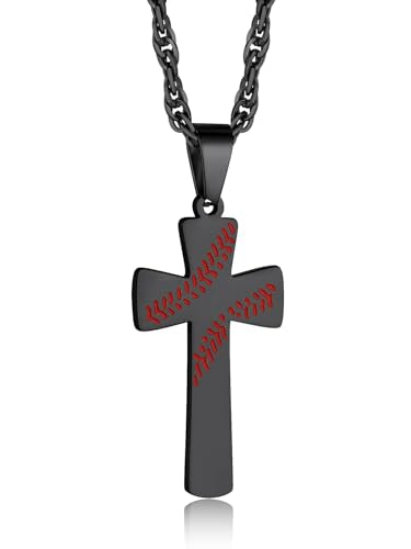 GOLDCHIC JEWELRY Sport Necklaces for Men Teen, Football Baseball Soccer Basketball Softball Necklaces with Stainless Steel Chain Athlete Jewelry Sports Fan Gift - color: Baseball Pattern Cross-Black, style: NO Engraving