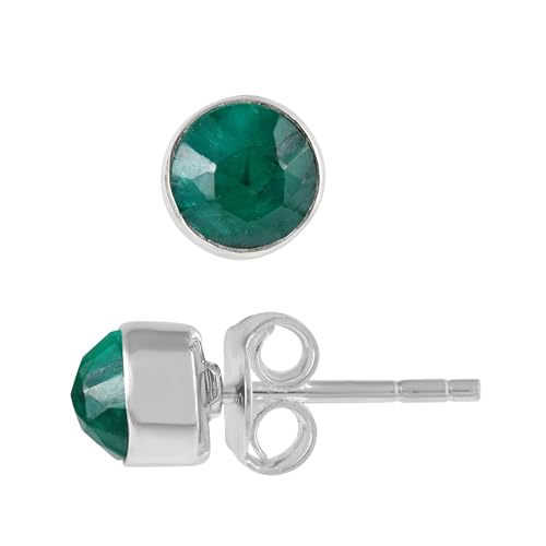 5 MM Natural Gemstone 925 Sterling Silver Hypoallergenic Studs Earrings Jewelry for Women Dainty Trendy Antiqued Silver Birthstone Earrings Jewelry Gifts for Women and Her - color: Emerald