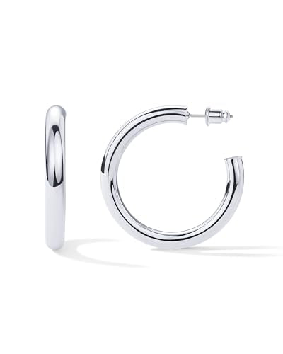 PAVOI Chunky Gold Hoop Earrings for Women, Lightweight 14K Gold Plated | Gold Hoops, Gold Plated Earrings, Womens Earrings, 14K Gold Hoop Earrings - color: White Gold, size: 40 MM