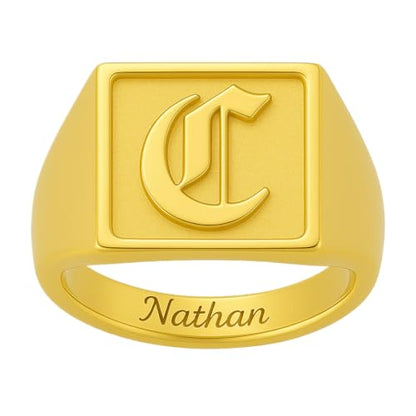 Custom Old English Initial Signet Ring for Men Women Personalized Square Pinky Ring with Inside Engraving - color: Gold