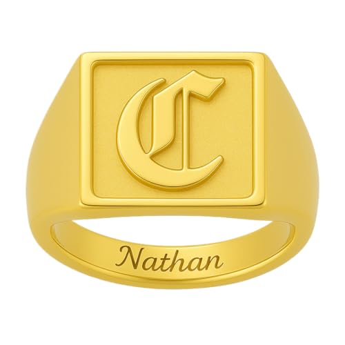 Custom Old English Initial Signet Ring for Men Women Personalized Square Pinky Ring with Inside Engraving - color: Gold