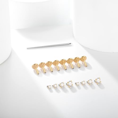 Xpircn Flat Back Stud Earrings 14K Gold Plated Internally Threaded CZ Stud Piercing Jewelry for Tragus Helix Cartilage Conch Nose Hypoallergenic Lip Labret Medusa Piercing 16G 18G - color: 18 Gauge, Gold, size: 6mm Bar
