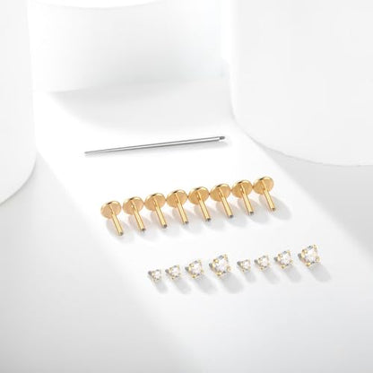 Xpircn Flat Back Stud Earrings 14K Gold Plated Internally Threaded CZ Stud Piercing Jewelry for Tragus Helix Cartilage Conch Nose Hypoallergenic Lip Labret Medusa Piercing 16G 18G - color: 18 Gauge, Gold, size: 6mm Bar