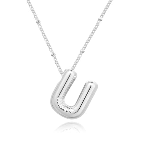 Ewrkbrㅤ Initial Necklaces for Women, 14k Gold Plated Bubble Letter Necklace Chunky Gold Necklace Dainty Charm Initial Necklaces for Women Trendy Custom Preppy Stocking Stuff Necklace Christmas Gifts - color: Silver, style: U