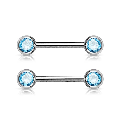Forbidden Body Jewelry 14g Nipple Ring Barbells Set of 2, Pair of CZ 16mm (5/8 Inch) Barbells with 6mm Balls - color: Aqua Blue