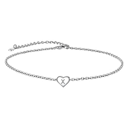 Suplight 925 Sterling Silver Initial Heart Anklets for Women Dainty Ankle Bracelets Letter Anklet Adjustable Plus Size Foot Chain Summer Beach Boho Jewelry - color: X