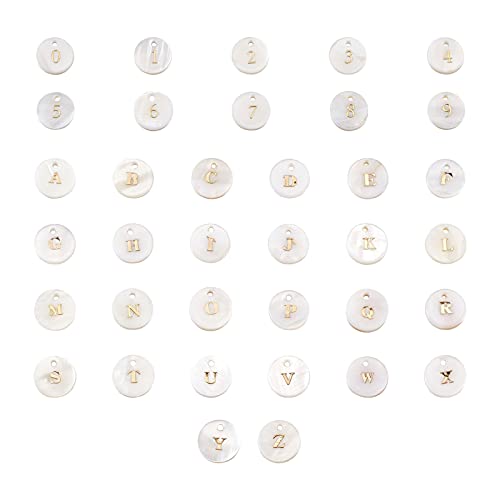 Craftdady 92pcs Freshwater Shell Alphabet Pendants Flat Round White Shell with A-Z Letter Number Bead Charms 11mm for Name Bracelets Necklaces Earrings Jewelry Crafts Making - color: Golden Letter & Number