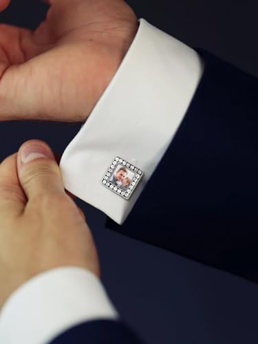 FindChic Stainless Steel Round Cufflinks with Custom Text/Picture/Monogram Letters 18K Gold Plated/Black Color for Men Groom Suits Shirts, with Gift Box - style: 02. CZ custom photo-square (stainless steel)