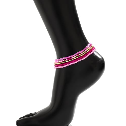5Pcs Summer Beach Bead Anklet Bracelet,Multi-layered Pearl Anklets,Bikini Foot Chain Bracelet Wedding Bridal Adjustable Leg Bracelet Jewelry for Women Girls - style: Pink