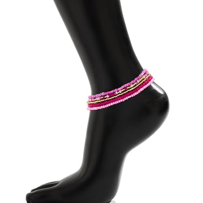 5Pcs Summer Beach Bead Anklet Bracelet,Multi-layered Pearl Anklets,Bikini Foot Chain Bracelet Wedding Bridal Adjustable Leg Bracelet Jewelry for Women Girls - style: Pink