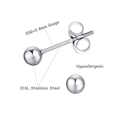 FOSIR 6 Pair Tiny Women 14K Gold Plated Ball Stud Earrings Surgical Stainless Steel Earrings Set, 2-6MM - style: silver-6pair,6mm