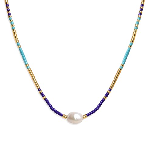 Boho Pearl Beaded Choker Necklaces for Women, Dainty Handmade Colorful Seed Beads Adjustable Long Necklace Summer Beach Surfer Bohemian Jewelry Gift