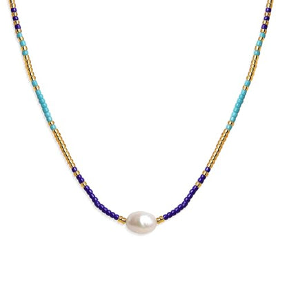 Boho Pearl Beaded Choker Necklaces for Women, Dainty Handmade Colorful Seed Beads Adjustable Long Necklace Summer Beach Surfer Bohemian Jewelry Gift