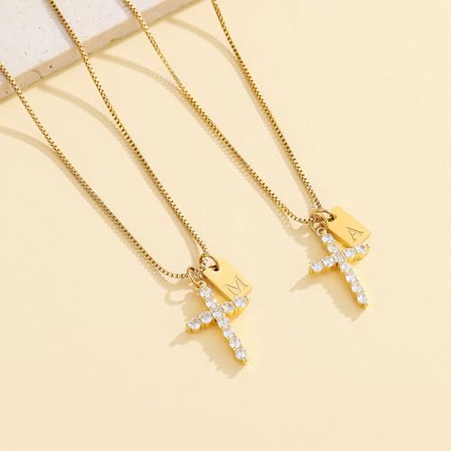 Cross Initial Necklace for Women Non Tarnish 18K Gold Plated Initial Letter A-Z Pendant Necklaces with Cubic Zirconia Cross Christian Faith Necklace Jewelry Gifts for Women - color: F