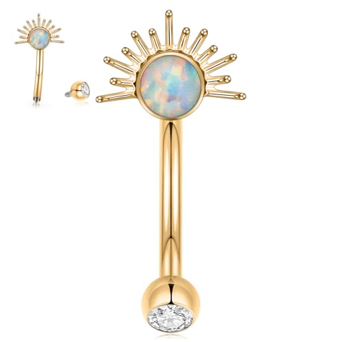 PEAKLINK G23 Titanium Eyebrow Ring 16G Opal Rook Daith Piercing Jewelry Internal Threaded Curved Barbell Vertical Labret Lip Jewelry Small Belly Button Ring - color: Gold with White Opal