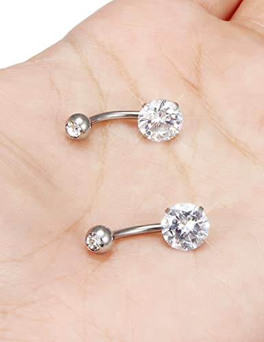 Long Belly Button Ring 6mm 8mm 10mm 12mm 14mm Surgical Stainless Steel Round Cubic Zirconia Navel Barbell Long Bar Belly Button Piercing Jewelry Silver, black, rose gold belly ring - color: 2pcs-10mm-Silver navel ring